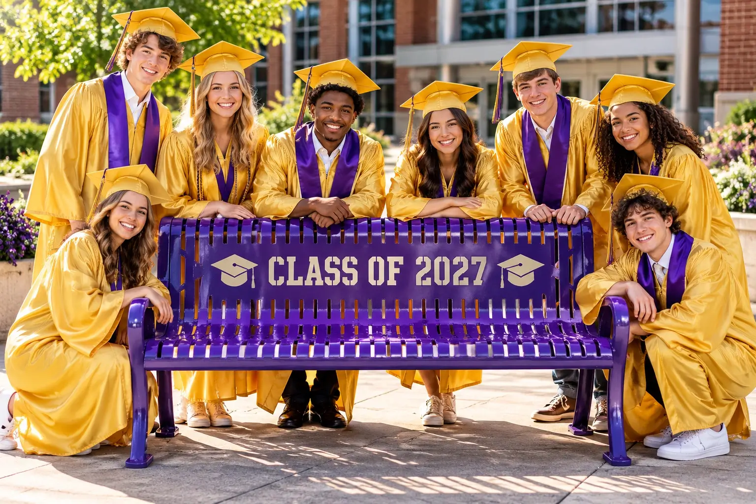 Graduating students in gold caps and gowns gathered around a purple custom school bench featuring “Class of 2027”